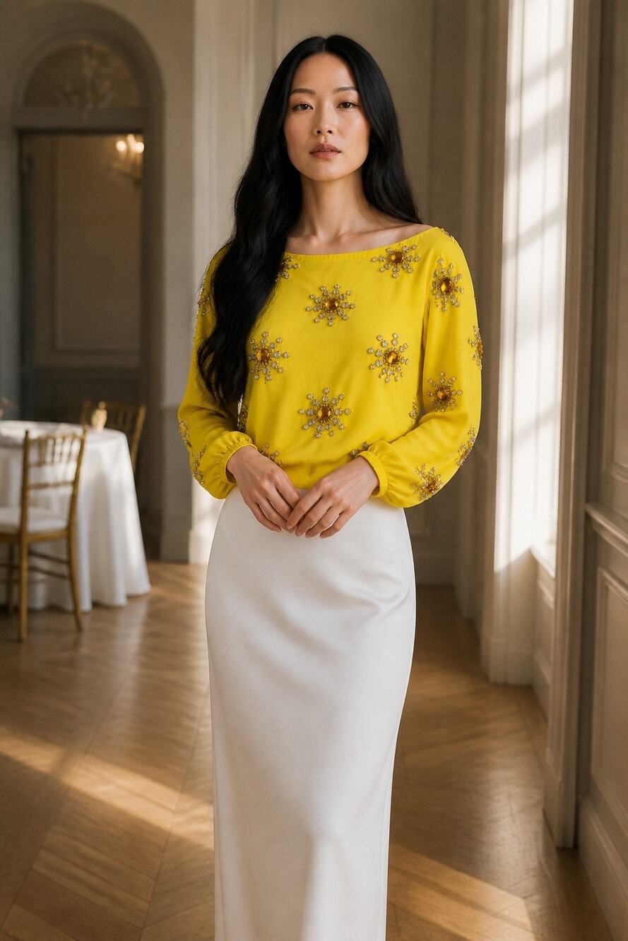Virgos Lounge Embellished Yellow Blouse XS Long Sleeve Rhinestone Top